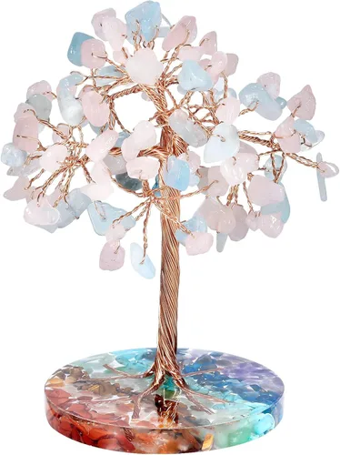 Vista 10 de rockcloud Árbol de dinero de alambre de cobre de cristal aguamarina con base redonda de resina colorida, árbol de piedra bonsái hecho a mano