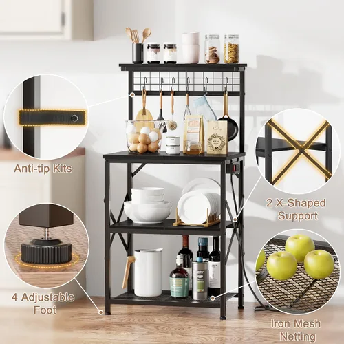 Vista 5 de Furologee Estante para hornear de cocina con toma de corriente, soporte para horno de microondas con almacenamiento de 4 niveles, mesa de café con 6