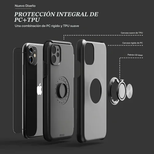 Vista 4 de Funda compatible con iPhone 11 con protector de pantalla de vidrio templado, funda para iPhone 11 negra para hombre, funda protectora delgada 2 en 1