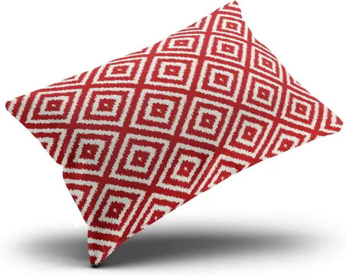 Vista 3 de Fundas de almohada decorativas Ikat con patrón de diamante en rojo y crema, cojín personalizable rectangular, tamaño 12 x 16 pulgadas, funda