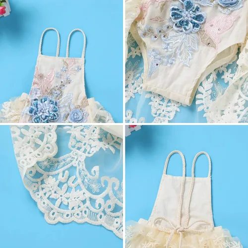 Vista 5 de Traje de primer cumpleaños para niña con volantes manga corta encaje floral vestido de tul diadema de corona sesión de fotos