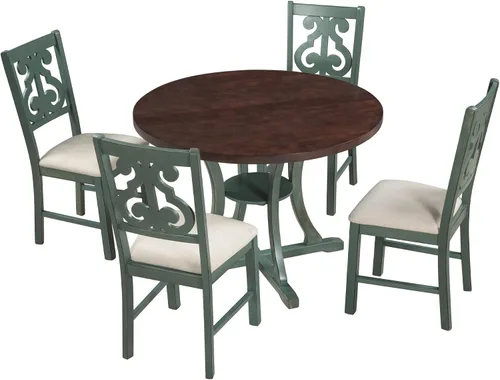 Vista 3 de Merax 5 Piece Dining Table Set with Storage Shelf, Round Wood Kitchen Table with 4 Chairs, Dark Brown+Viridian