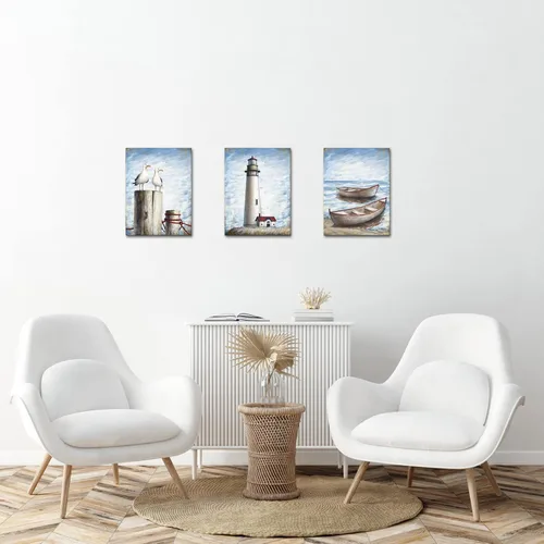 Vista 4 de LoveHouse Lienzo de faro costero, arte de pared, diseño de barco náutico, cuadros de playa, gaviota, paisaje marino, pintura, obra de arte de granja