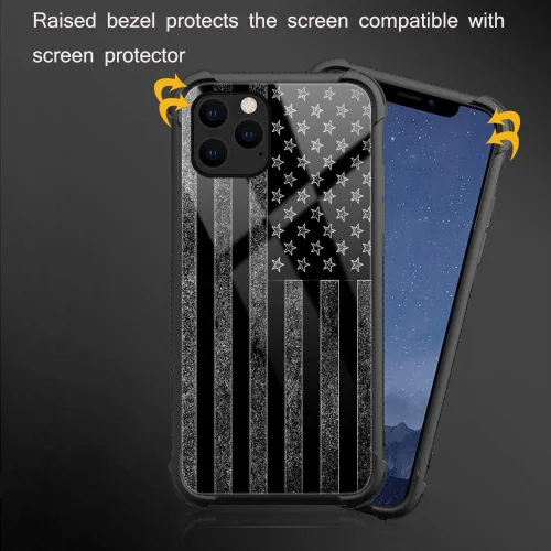 Vista 3 de ZHEGAILIAN Funda compatible con iPhone 12/12 Pro, bandera estadounidense en blanco y negro, parte trasera de vidrio templado + funda híbrida de TPU