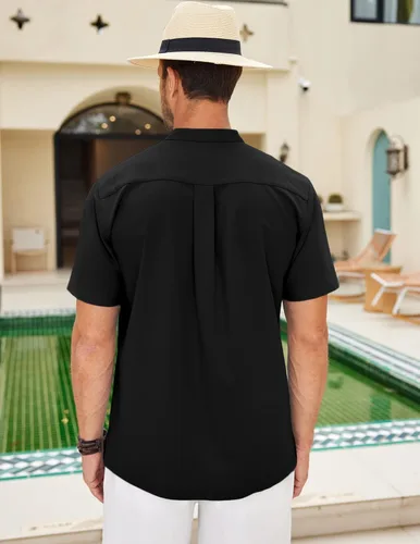 Vista 2 de COOFANDY Mens Short Sleeve Cuban Guayabera Shirt Casual Band Collar Button Down Shirts