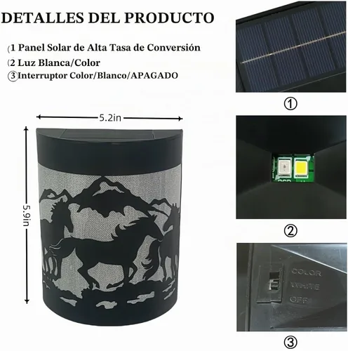 Vista 4 de Luces Solares de Pared con Forma de Caballo, Juego de 2 Luces Solares para Valla Exteriores Impermeables para Escalones de Terraza Valla Garaje