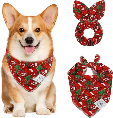 Vista 12 de E-Clover Bandana de Perro a Cuadros Marrón y Scrunchie a Juego - Bandana de Perro de Otoño Triangular a Cuadros Bufanda Babero para Mascotas