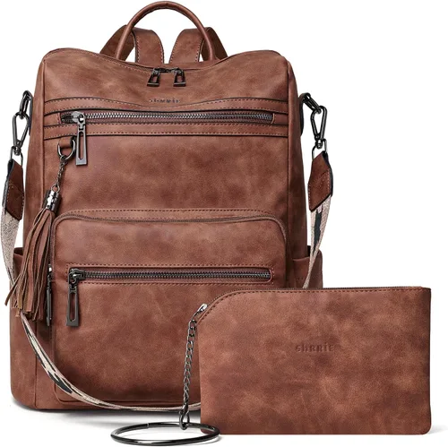 Vista 15 de Mochila de cuero Shrrie para mujer, bolso de diseñador de moda para mujer, mochila de viaje convertible, bolso de hombro con muñequera, Mochilas