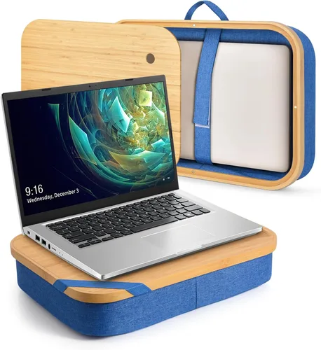 Vista 11 de MAYJOY Escritorio de bambú portátil con almacenamiento, escritorio de regazo con funda extraíble para regazo, soporte de laptop para regazo