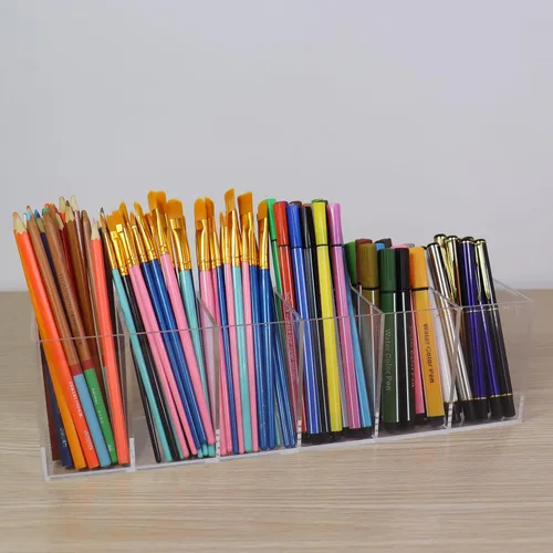 Vista 5 de Soporte acrílico para bolígrafo, 6 compartimentos, marcador de lápiz transparente, organizador de artículos de papelería para suministros de arte