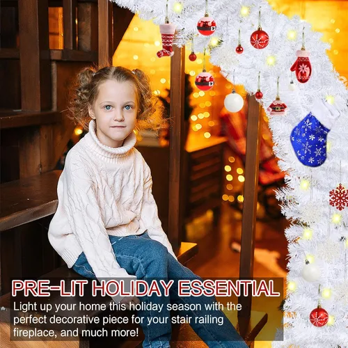 Vista 6 de CCINEE Guirnalda de Navidad artificial preiluminada de 9 pies, guirnalda de Navidad blanca a pilas con 50 luces LED cálidas, guirnalda de Navidad