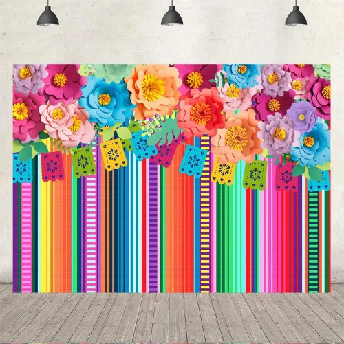 Vista 4 de Ticuenicoa Telón de fondo de fiesta mexicana de 6 x 4 pies, fondo de fiesta con diseño de flores de cinco de mayo, para fotos, rayas florales
