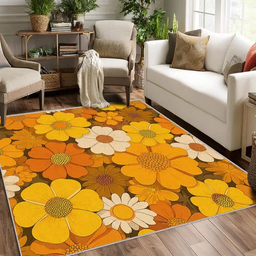 Vista 8 de YZO133 - Alfombra retro de los años 70, pequeña, lavable de 2 x 3 pulgadas, para entrada, diseño abstracto de ondas florales, decoración retro
