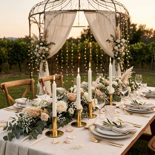 Vista 7 de Paquete de 4 portavelas cónicos dorados, portavelas de metal resistente para centro de mesa de boda, soporte rústico para mesa de comedor, mantel