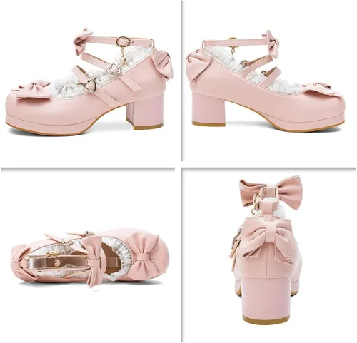 Vista 5 de SHEMEE Zapatos de vestir Kawaii Sweet Bow para mujer, con plataforma gruesa, tacones de bloque medio, hebilla y correa al tobillo, zapatos Mary Jane