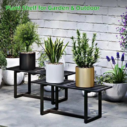 Vista 2 de Soporte para plantas para interiores y exteriores, estante plegable de metal para múltiples macetas, banco de listones de mediados de siglo
