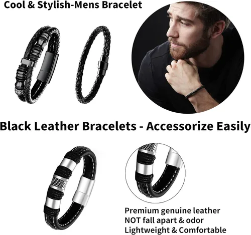 Vista 2 de LOWNOUR Pulseras de cuero negro para hombres y mujeres, 5 unidades, pulseras de cuero y acero trenzadas, cuero