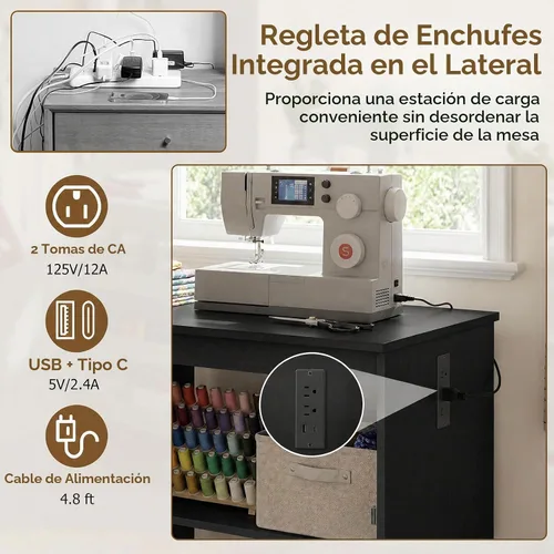Vista 5 de GIANTEX Mesa de costura plegable con estación de carga, bandejas de Negro