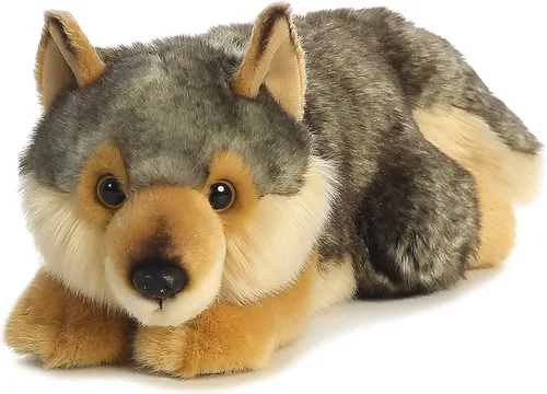 Vista 5 de Aurora® Adorable lobo echado de peluche Miyoni®, detalle realista, compañía entrañable, gris, 11 pulgadas