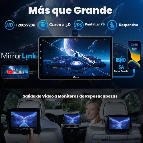 Vista 2 de PLZ Estéreo de radio de coche de un solo DIN con Apple Carplay Android Auto de 10.1 pulgadas, Bluetooth 5.3, cámara de respaldo, 240 W, 2