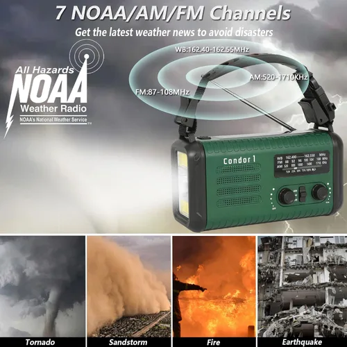 Vista 3 de Radio meteorológica de emergencia (Condor 1) NOAA/AM/FM con radio portátil de 74000 mWh, carga USB-C/solar/manivela, alarma SOS, linterna, lámpara