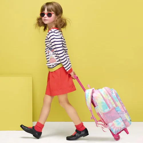 Vista 2 de CAMTOP Mochila con ruedas para niñas, bolsa de viaje con ruedas, mochila de equipaje con ruedas, Rosado Tie Dye