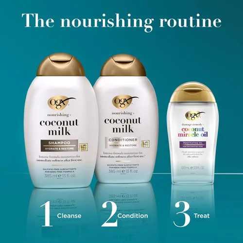 Vista 5 de OGX Remedio Extra Fuerte Contra Daños + Aceite Milagroso de Coco Tratamiento de Aceite Penetrante para el Cabello, Aceite Antiencrespamiento Extra