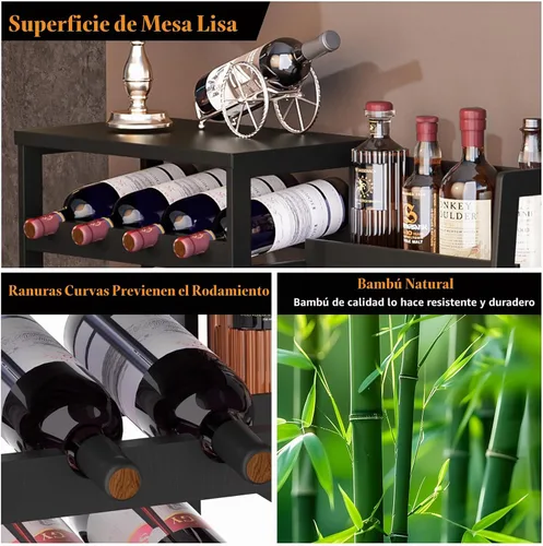 Vista 5 de VASMIA Soporte versátil para licor para bar en el hogar, estante para vino, mesa de bar con botella de licor trapezoidal de bambú, gabinete