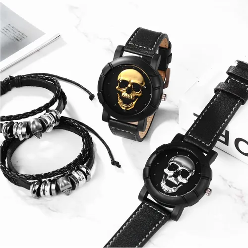 Vista 2 de Pulsera de reloj de cuero con calavera Reloj de pulsera gótico gótico para hombre Steampunk Goth para mujer