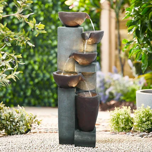 Vista 10 de Fuente de agua para exteriores de 6 niveles de 56.6 pulgadas de alto con luces LED, tarros en cascada con diseño inspirado en tribales para jardín