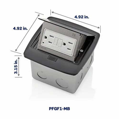 Vista 3 de Leviton Caja de suelo emergente con salida de 15 A, salida GFCI de autoprueba resistente a manipulaciones, PFGF1-MB, color negro