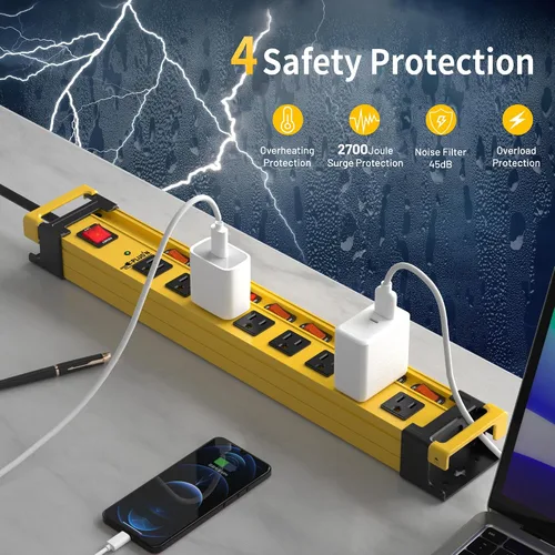 Vista 4 de Plug'n Regleta de Corriente Larga de 8 Tomas, Protector contra Sobretensiones de 2700J con Interruptores Individuales, Ampliamente Espaciada
