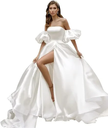Vista 2 de Fanciest Vestidos de fiesta de satén de manga hinchada 2024 con abertura, vestidos largos de baile para mujer, vestidos de noche formales