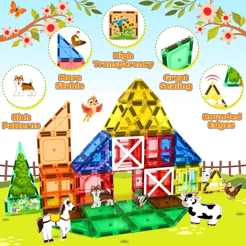 Vista 4 de Juguetes de azulejos magnéticos con animales de granja para niños de 3 años en adelante, bloques magnéticos, juguetes de construcción para niños