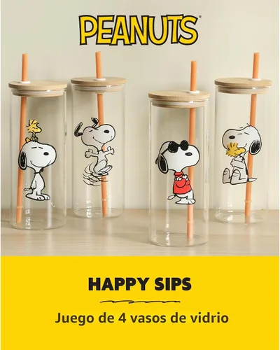 Vista 2 de Peanuts Snoopy Happy Sips Juego de 4 Vasos de 23 OZ con 4 Tapas de Bambú y 4 Pajitas, Café Helado, Batido, Vaso de Agua - Apto para Lavavajillas