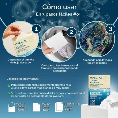 Vista 6 de Steam & Go 3 en 1 hojas de detergente solubles para ropa, hipoalergénicas