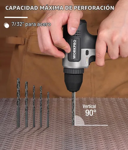 Vista 5 de WORKPRO Juego de taladro inalámbrico de 8 V, taladro eléctrico de 2 Ah con portabrocas sin llave de 3/8 pulgadas, 15 puntas, carga tipo C, LED