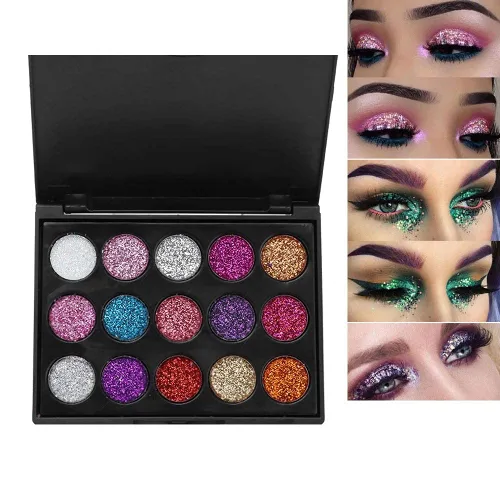 Vista 7 de Paleta de sombras de ojos, paleta de sombras de ojos con purpurina de 15 colores para cosplay, maquillaje de ojos, sombra de ojos brillante, polvo