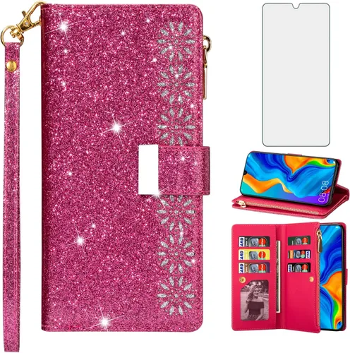 Vista 7 de Funda de teléfono para Huawei P30 Lite/Nova 4E con protector de pantalla de vidrio templado y correa para la muñeca Bling Glitter Flip Zipper