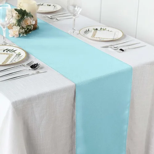 Vista 2 de Efavormart - Camino de mesa de poliéster de alta calidad azul claro para bodas, fiestas de cumpleaños, banquetes, decoración, ajuste rectangular