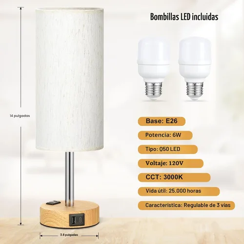 Vista 4 de Fenmzee Juego de lámparas de mesa pequeñas táctiles regulables de 2 a 3 vías, carga USB A + C, salida de CA, base de grano de madera, bombillas