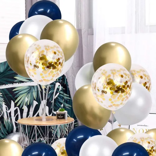 Vista 5 de Globos de confeti azul marino y dorados, 50 unidades de 12 pulgadas, globos de cumpleaños de perla blanca y dorados metálicos cromados