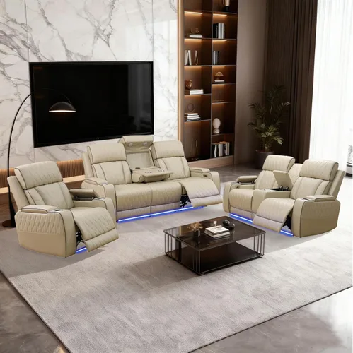 Vista 11 de Juegos de muebles de sala de estar, sofá modular reclinable eléctrico con luces LED, juego de sofá de cuero, sofá reclinable para sala de estar