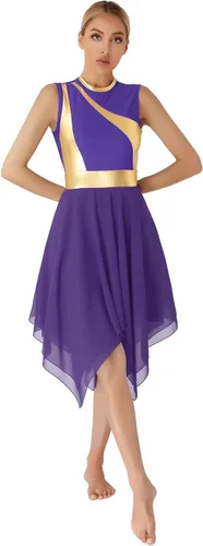 Vista 2 de Women's Asymmetrical Praise Dance Costume Sleeveless Color Block Lyrical Modern Dance Dress