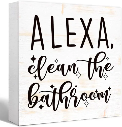 Vista 9 de SJNH Divertido letrero de madera negra para baño, estante de baño, decoración de escritorio Divertido letrero de madera negra para baño con Alexa