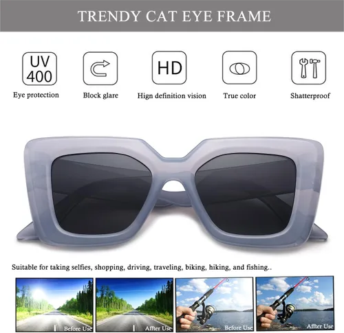 Vista 5 de HJSTES Gafas de sol de gran tamaño para mujer, sombras de ojo de gato de moda, marco cuadrado, protección UV
