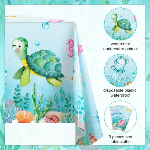 Vista 3 de Preboun Mantel de tortuga oceánica, 3 piezas de plástico desechables rectangulares de 54 x 108 pulgadas, resistente a las manchas, impermeable