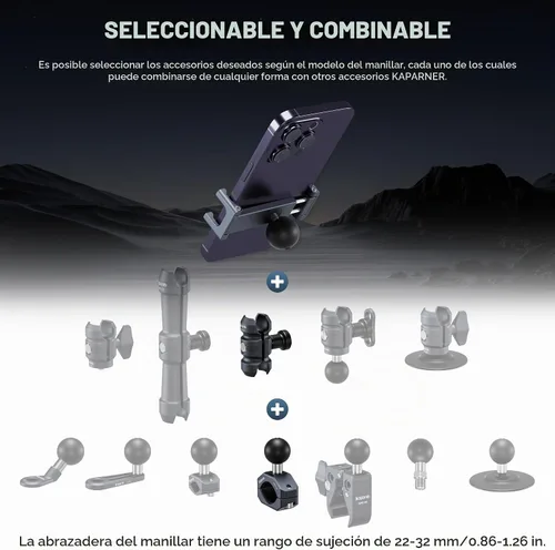 Vista 7 de Soporte de aluminio para teléfono de motocicleta, abrazadera de tornillo para manillar de 0.866-1.260 in, brazo de enchufe ajustable y clip de KPS-02