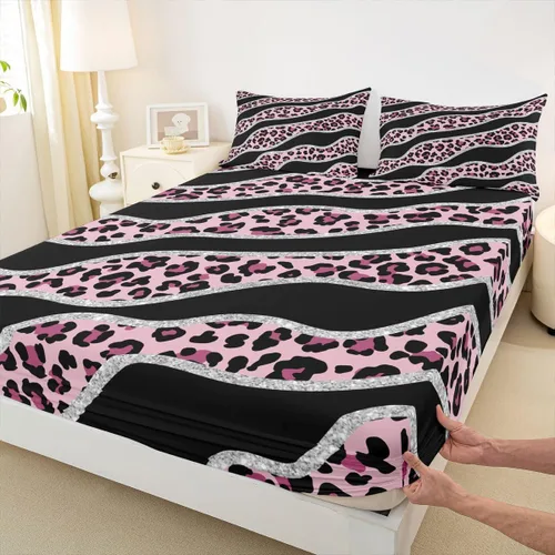 Vista 7 de Erosebridal Sábanas de cama de guepardo, sábana bajera con estampado de leopardo, tamaño individual, sábanas de rayas marrones, funda de cama