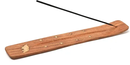 Vista 7 de Soporte de incienso de madera para palos con incrustaciones de luna creciente de latón de 10 pulgadas de largo